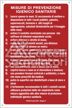 Elenco di misure di prevenzione (su fondo rosso) - Coronavirus Covid-19